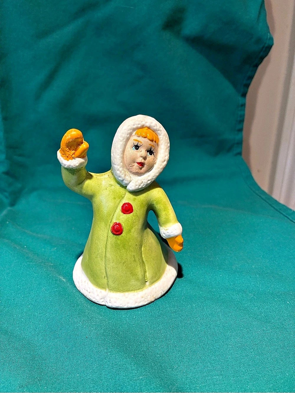 Vintage Holiday Girl Figurine Bell Green & White Decor